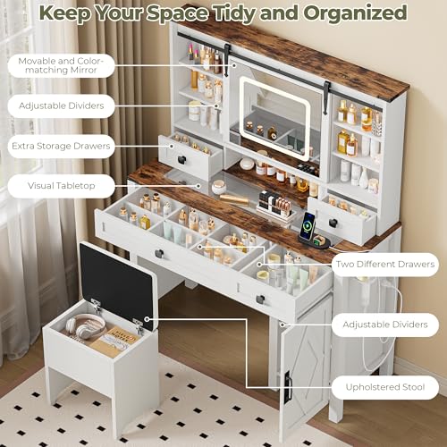 Vanity Desk with Sliding Mirror & Lights, Glass Top, 4 Drawers & Storage Cabinet, Cushioned Stool M629950
