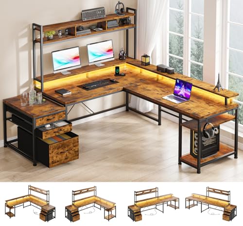 White 64" L Shaped Gaming Desk with Hutch, Drawers, Storage Shelves, Monitor Stand and LED Light G531568