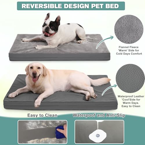 Waterproof Dog Bed Large Medium Sized Dogs Outdoor Orthopedic Crate Pad Washable Pet Beds Removable Cover Egg Crate Foam Support Durable Anti-Slip Kennel Pads 35"x22" Gray A20831