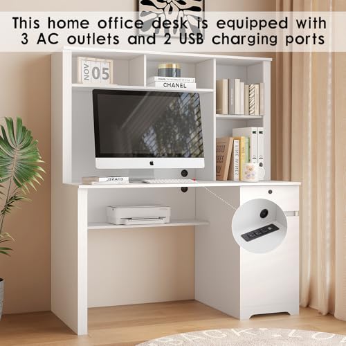 White Wood Computer Desk with Hutch, Bookshelf, Drawers, 3 AC Outlets and 2 USB Charging Ports Z2671