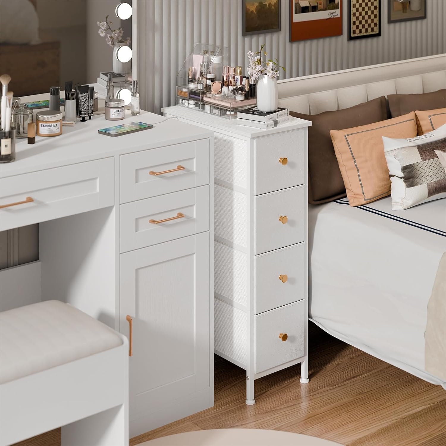 White 4 Drawer Slim Fabric Dresser with Steel Frame and Wood Top D548563