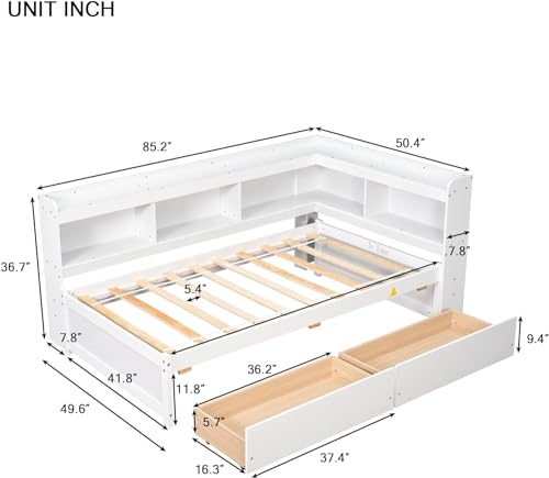 White Twin Size Wooden Bookcase Bed with Storage Drawers I7880