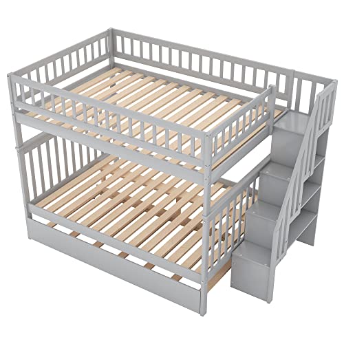 White Solid Wood Twin Size Loft Bed with L-Shaped Desk and Stairs Y341