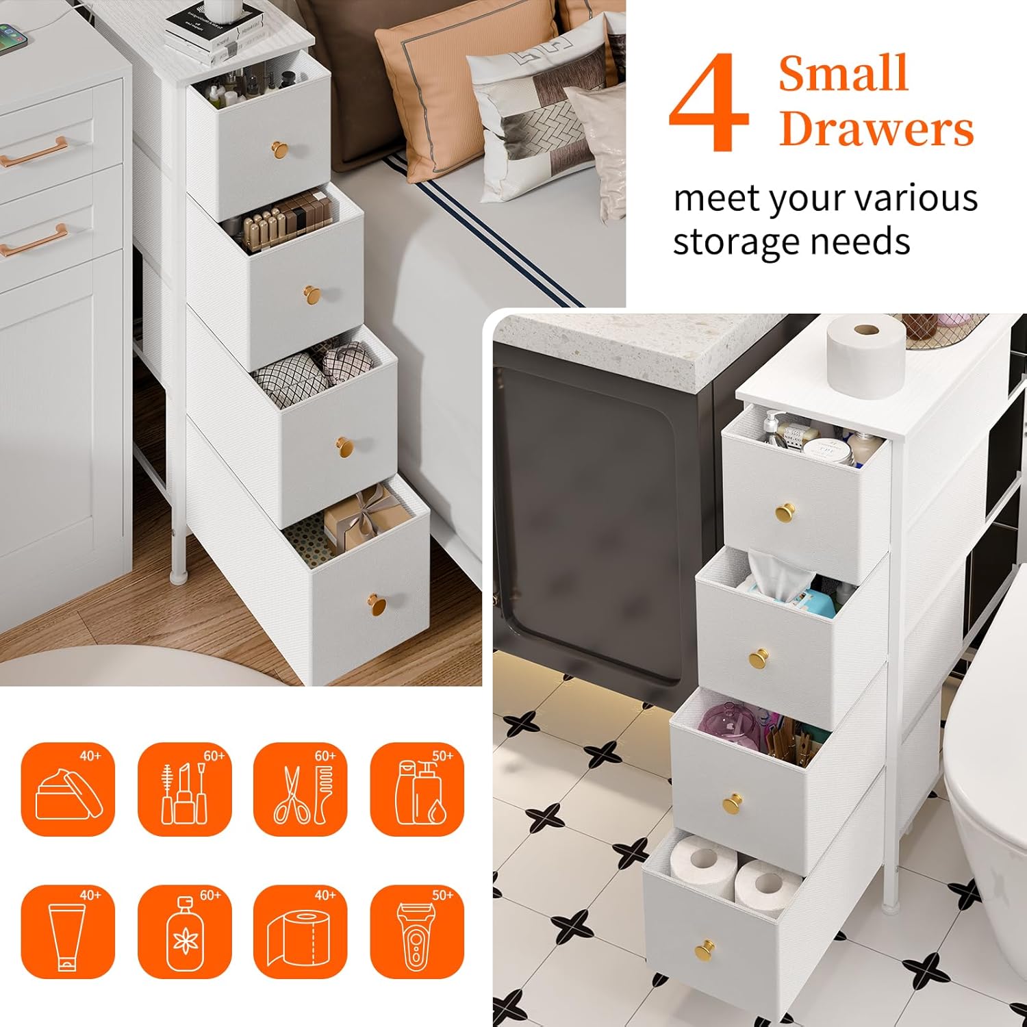 White 4 Drawer Slim Fabric Dresser with Steel Frame and Wood Top D548563