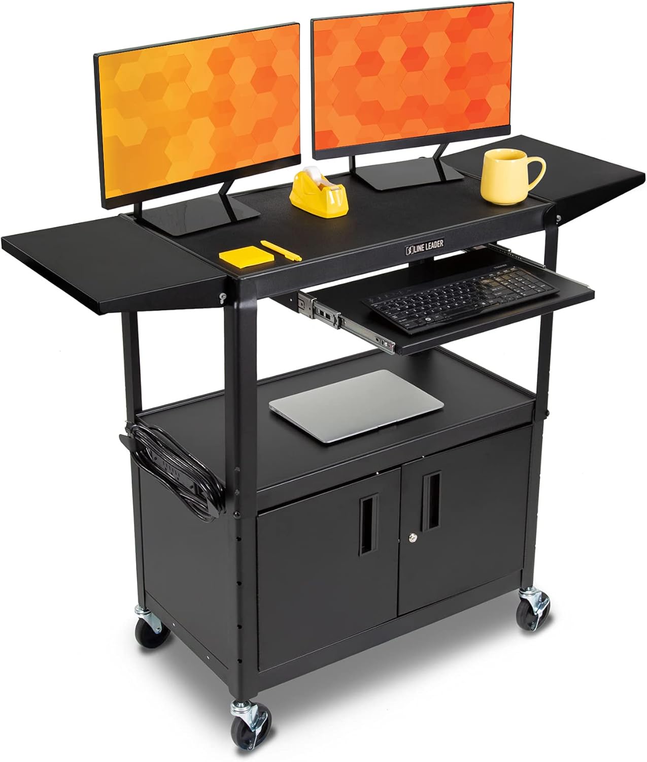 Black Height Adjustable Utility Cart with Locking Cabinet and Drop Leaves E329