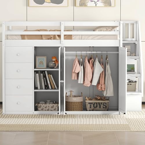 Gray Wood Loft Bed with Stairs and Wardrobe A716898