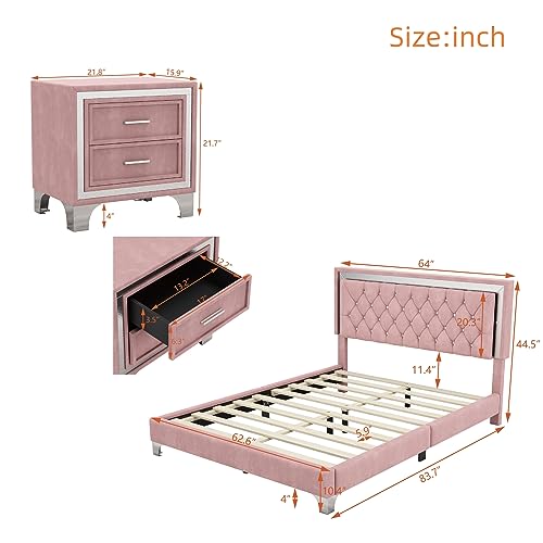 Queen Size Velvet Upholstered Platform Bed with 2 Nightstands Z5554