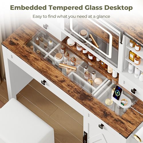 Vanity Desk with Sliding Mirror & Lights, Glass Top, 4 Drawers & Storage Cabinet, Cushioned Stool M629950