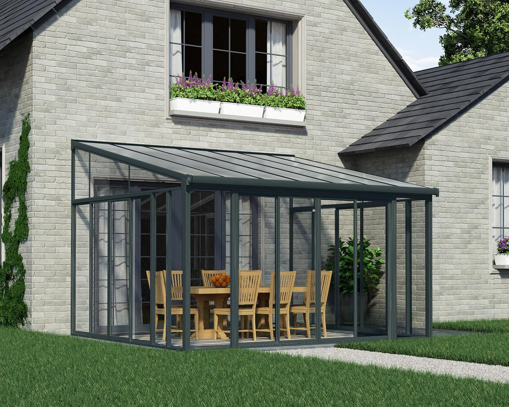 Gray 13x14 Enclosed Patio Cover with Screen Doors DIY Sunroom Kit Lean to Gazebo with Walls UV Protected Polycarbonate Shelter K974