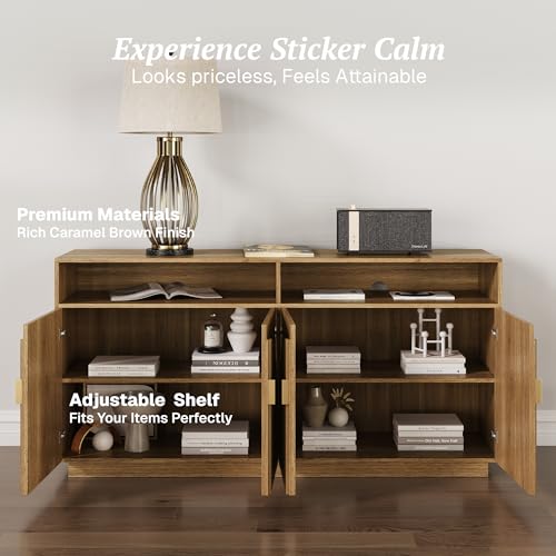 65 Inch Fluted Buffet Cabinet with Storage Caramel Brown L4490