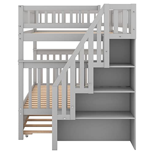 White Solid Wood Twin Size Loft Bed with L-Shaped Desk and Stairs Y341