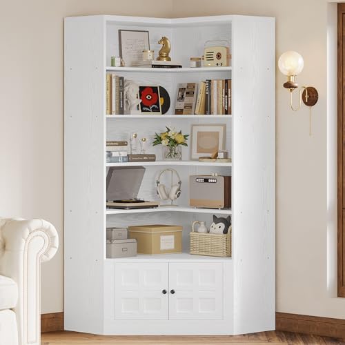 White 6 Tiers Corner Bookshelf with Door D461480