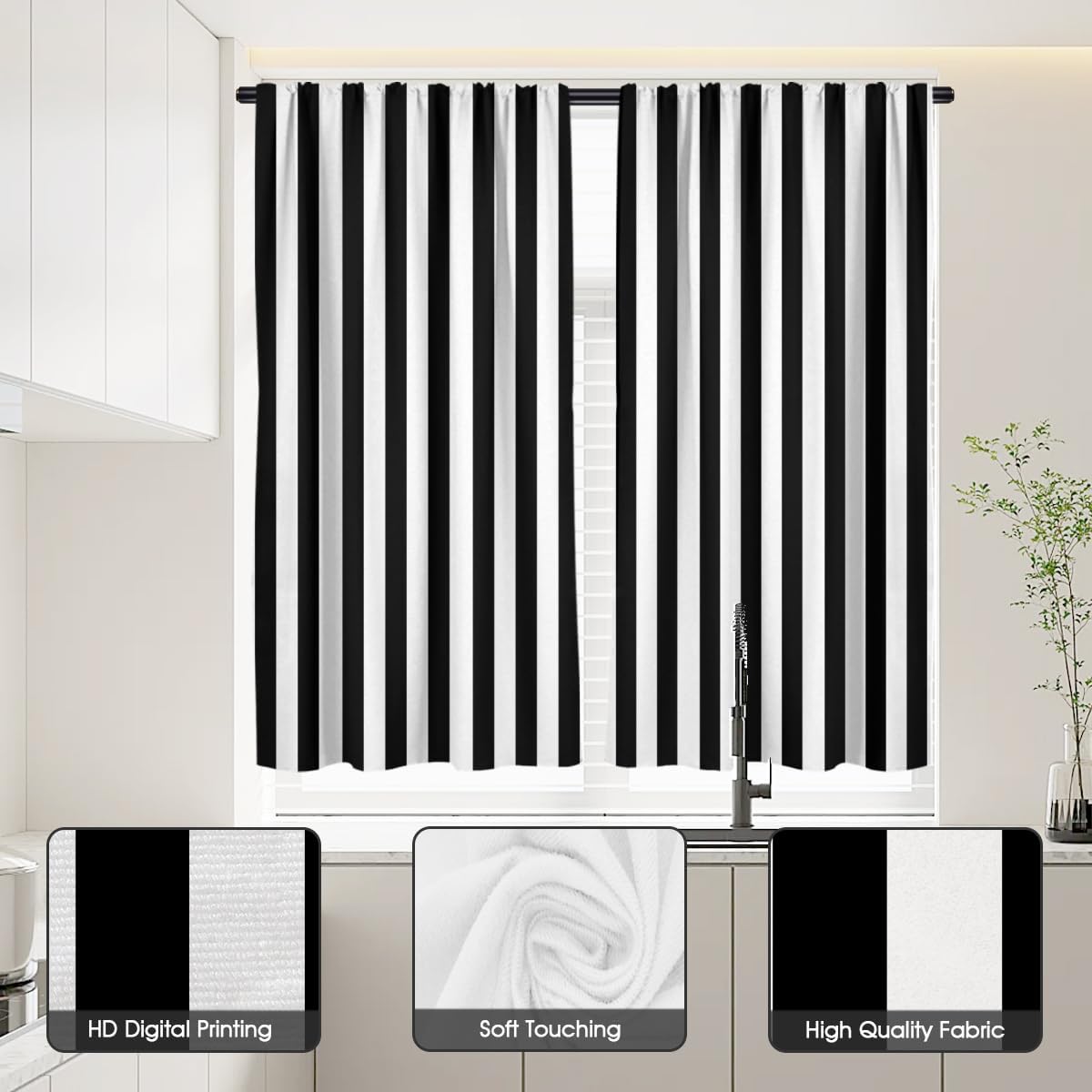 Black and White Striped 27.5" W x 39" L Kitchen Curtains 2 Panels Rod Pocket N569994