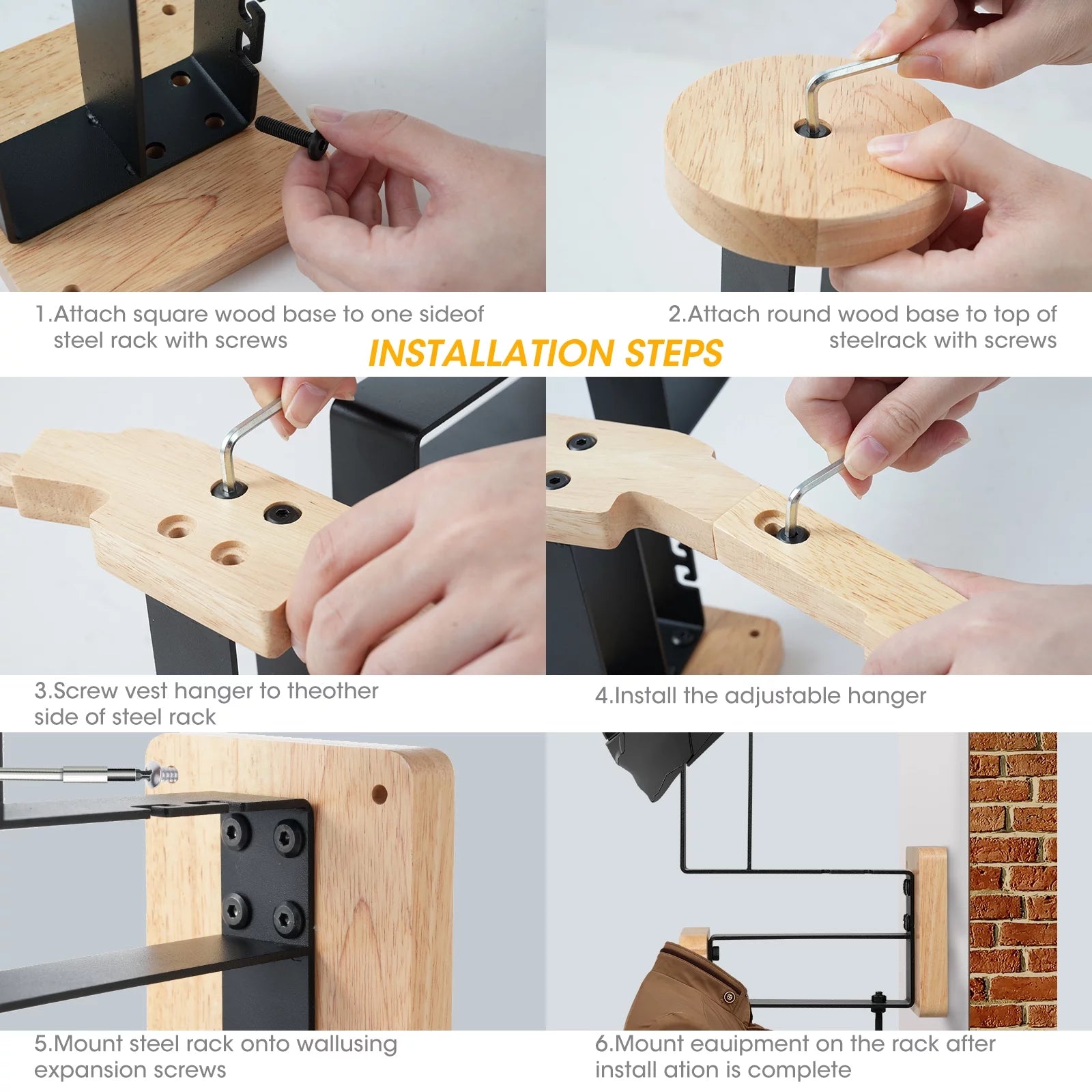 Wooden Wall Mount Helmet Rack with Hooks C196813
