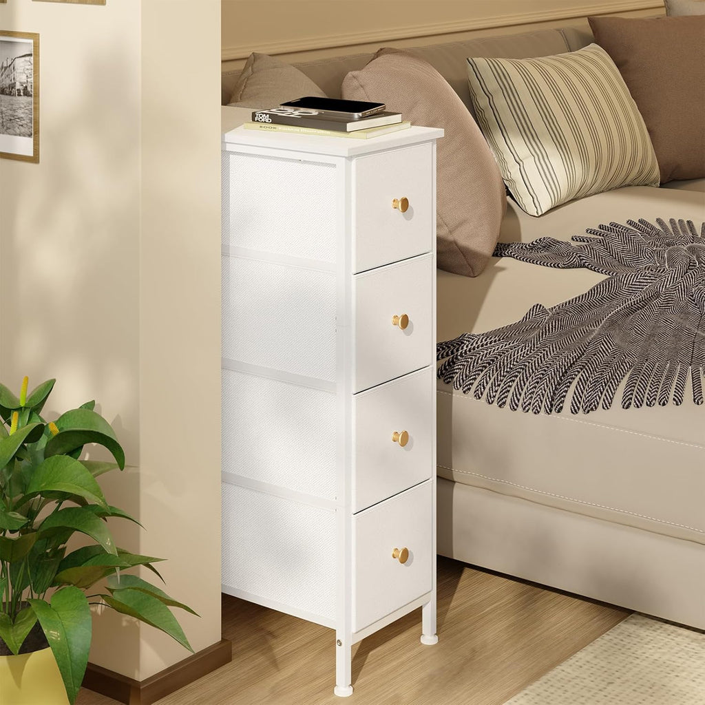 White 4 Drawer Slim Fabric Dresser with Steel Frame and Wood Top D548563