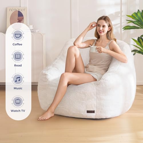 Beige Faux Fur Bean Bag Chair with Back Support L596304