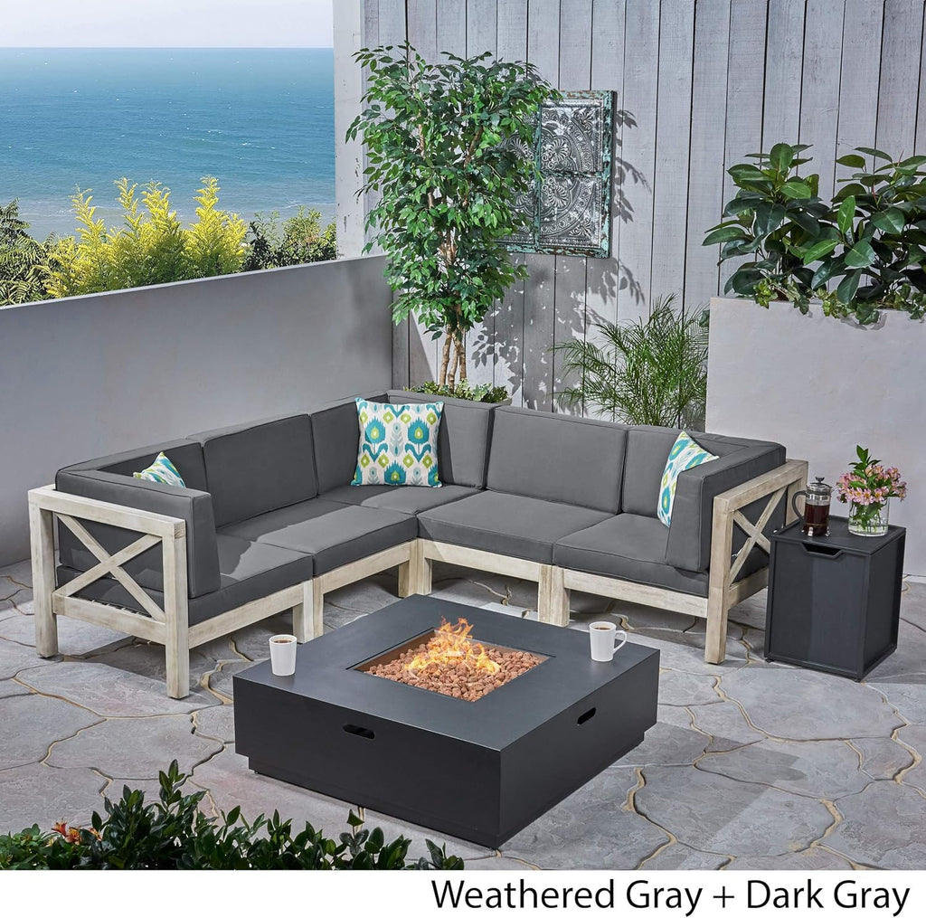 Weathered Gray and Dark Gray Acacia Wood 5 Seater Sectional Sofa Set with Fire Pit V882118