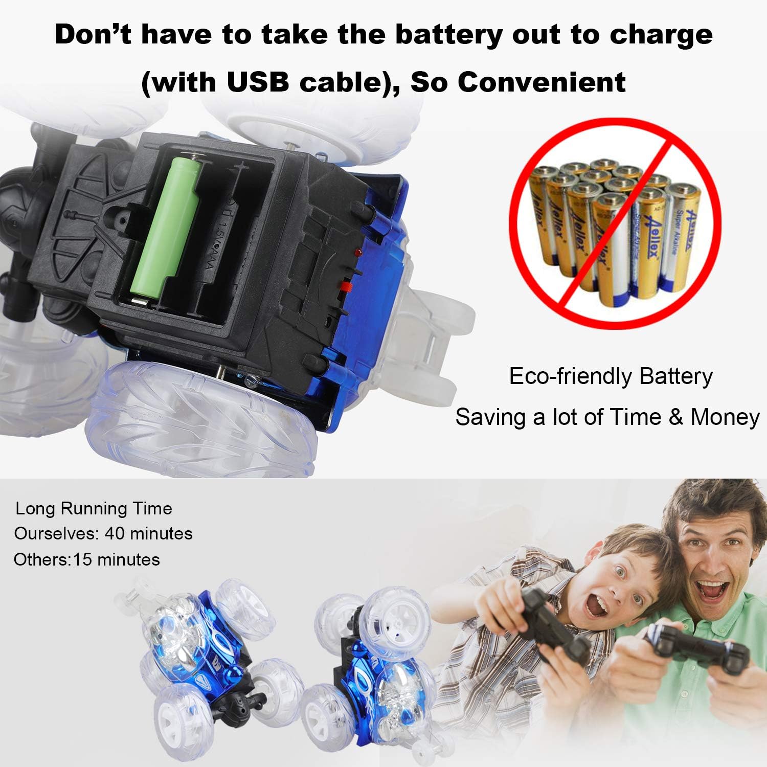 Remote Control Stunt Car with Colorful Lights & Music Switch, Rechargeable (Bule) M467