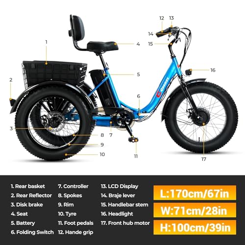 Blue 20" x 4.0 Fat Tire Foldable Electric Tricycle I769532