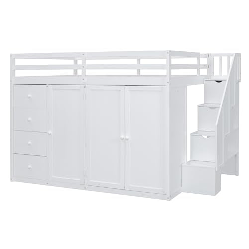 Gray Wood Loft Bed with Stairs and Wardrobe A716898