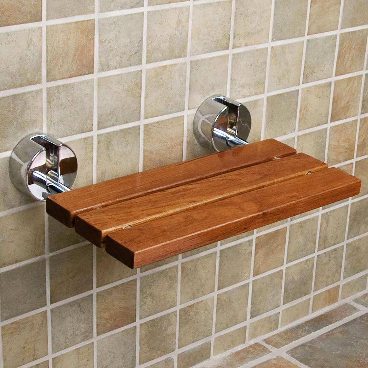 Teak Folding Shower Seat Bench Dark Wood Wall Mount E64198