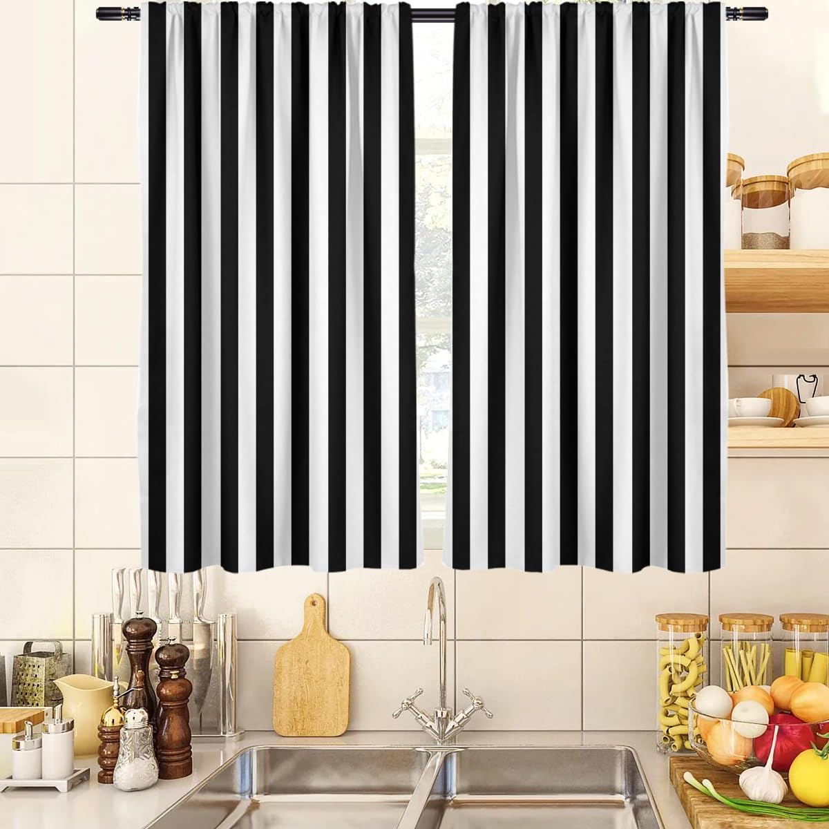 Black and White Striped 27.5" W x 39" L Kitchen Curtains 2 Panels Rod Pocket N569994