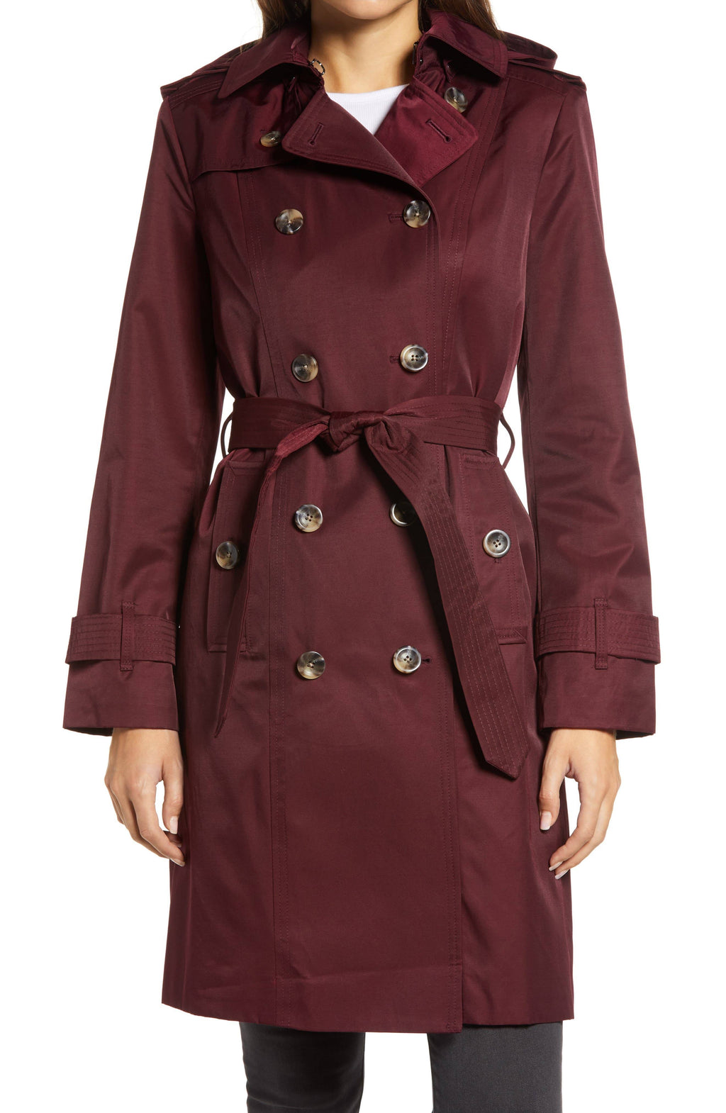 Red Double Breasted Trench Coat with Removable Hood O713