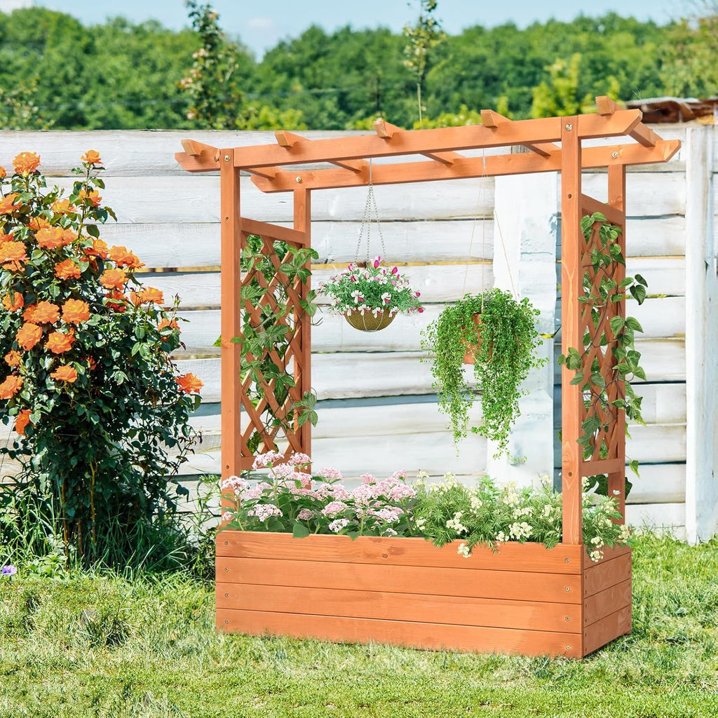 Raised Garden Bed with Trellis Wood Planter Box M2349