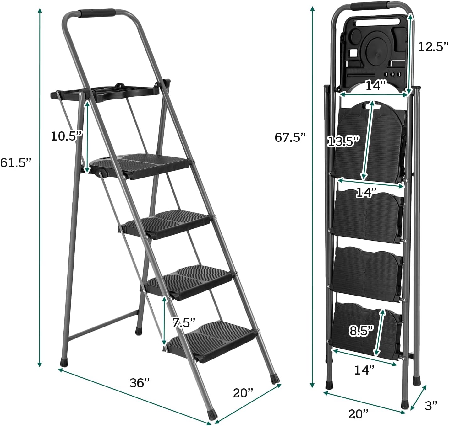 4 Step Folding Ladder with Handrail, Black S3260