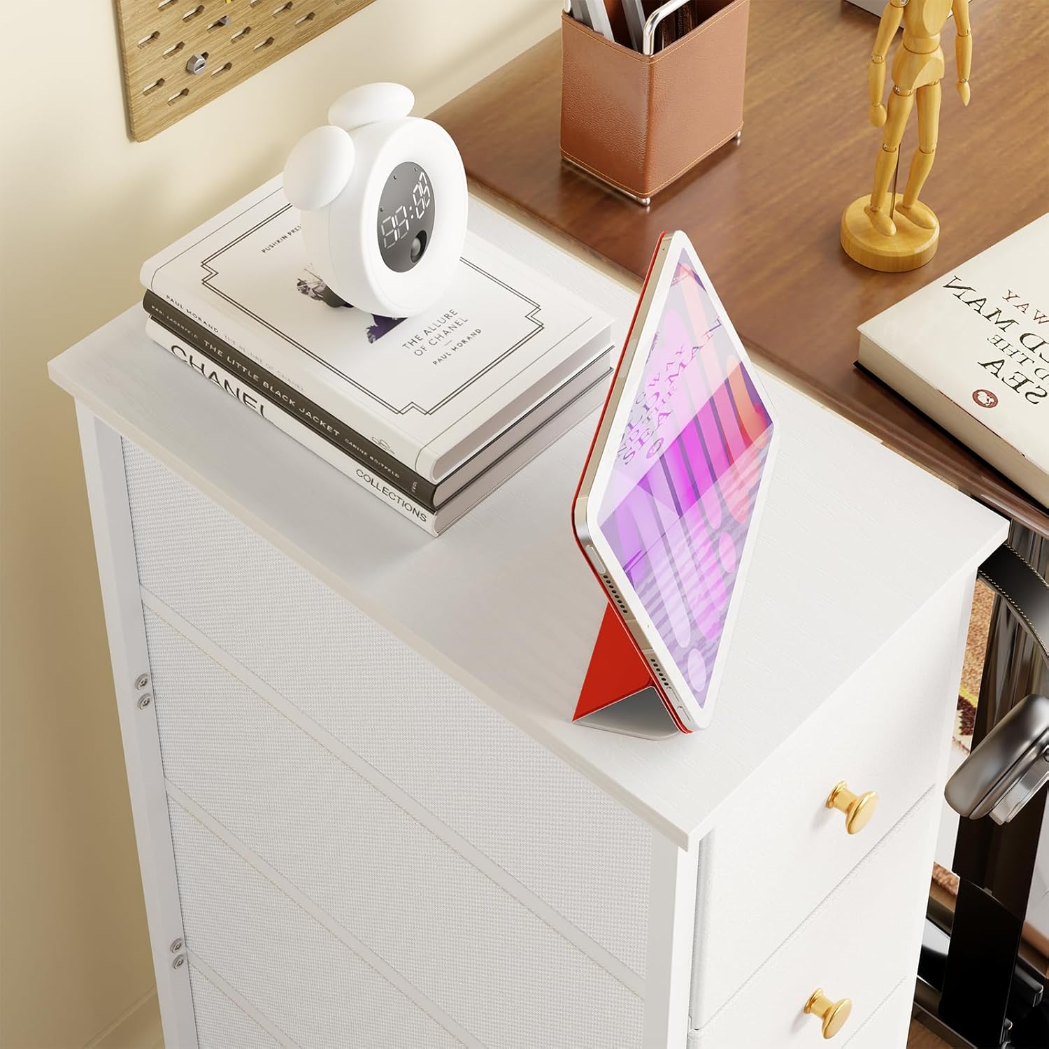 White 4 Drawer Slim Fabric Dresser with Steel Frame and Wood Top D548563