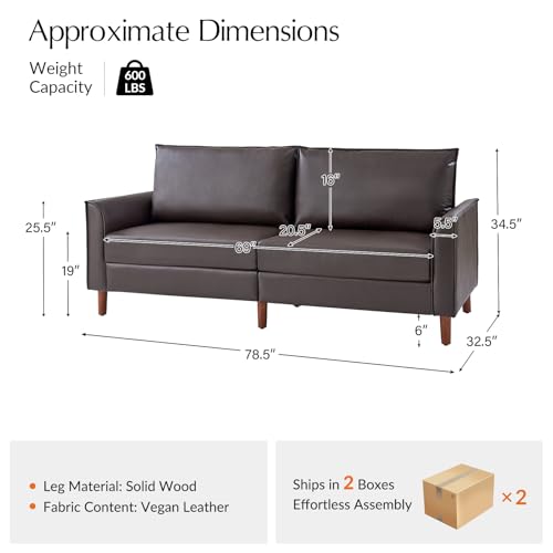 Brown Faux Leather 3-Seater Sofa with Solid Wood Legs I1454