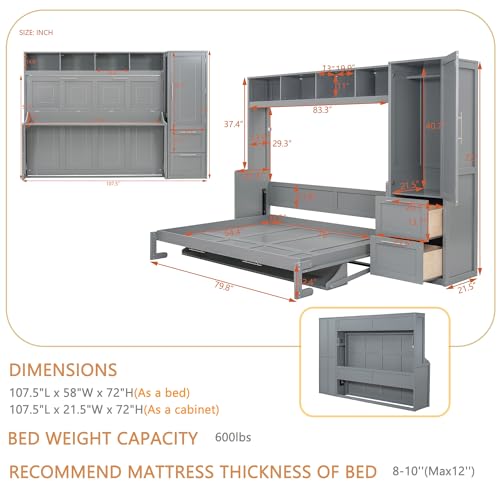 Gray Murphy Cabinet Storage Wall Bed with Closet and Drawers and Built-in Top Shelf R4609
