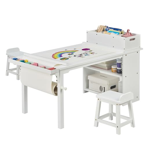 White Drawing and Art Table & Chair Set with Canvas Bins and Paper Roll Rack V2911
