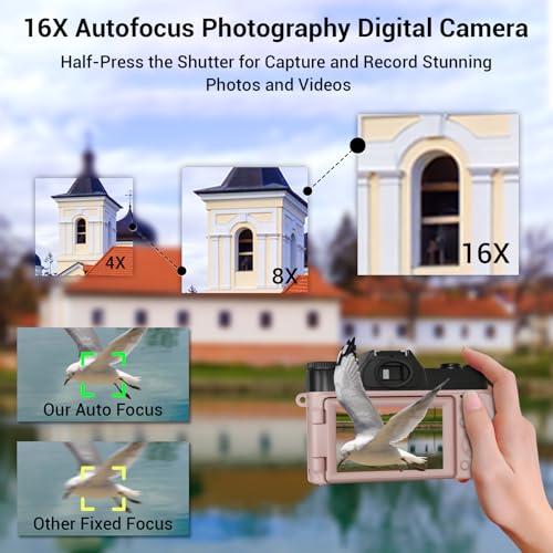 56MP 16X Digital Zoom WiFi 3'' 180° Flip Screen Compact Camera with 2 Batteries 64GB Micro SD Card (Black) A100753