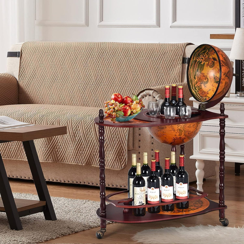 34.5’’ Wine Bar Cart with Wheels, 2 Storage Shelves, Wood Liquor Cabinet F98666