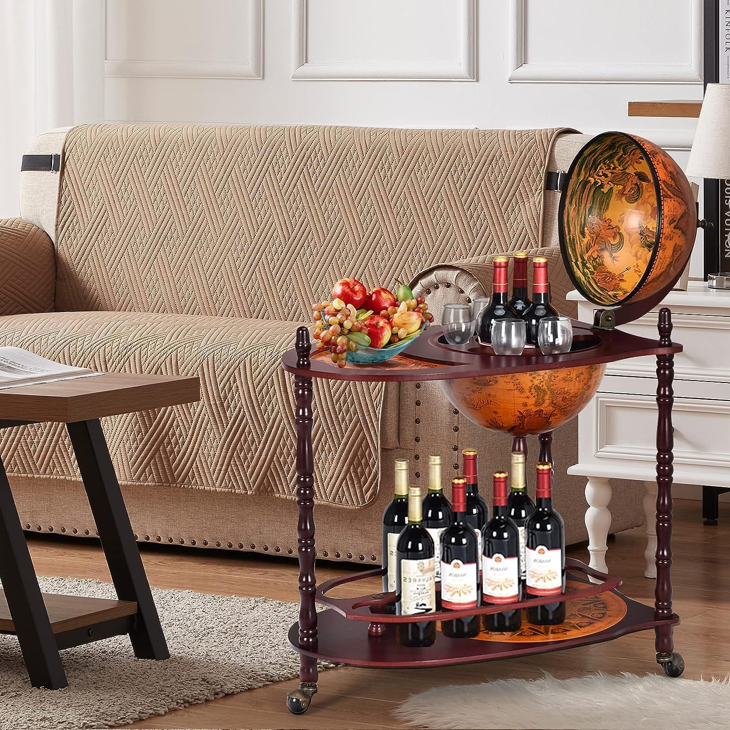 34.5’’ Wine Bar Cart with Wheels, 2 Storage Shelves, Wood Liquor Cabinet F98666
