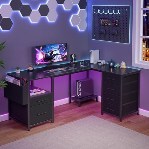 Black L Shaped Corner Computer Desk with 6 Fabric Drawers Y819