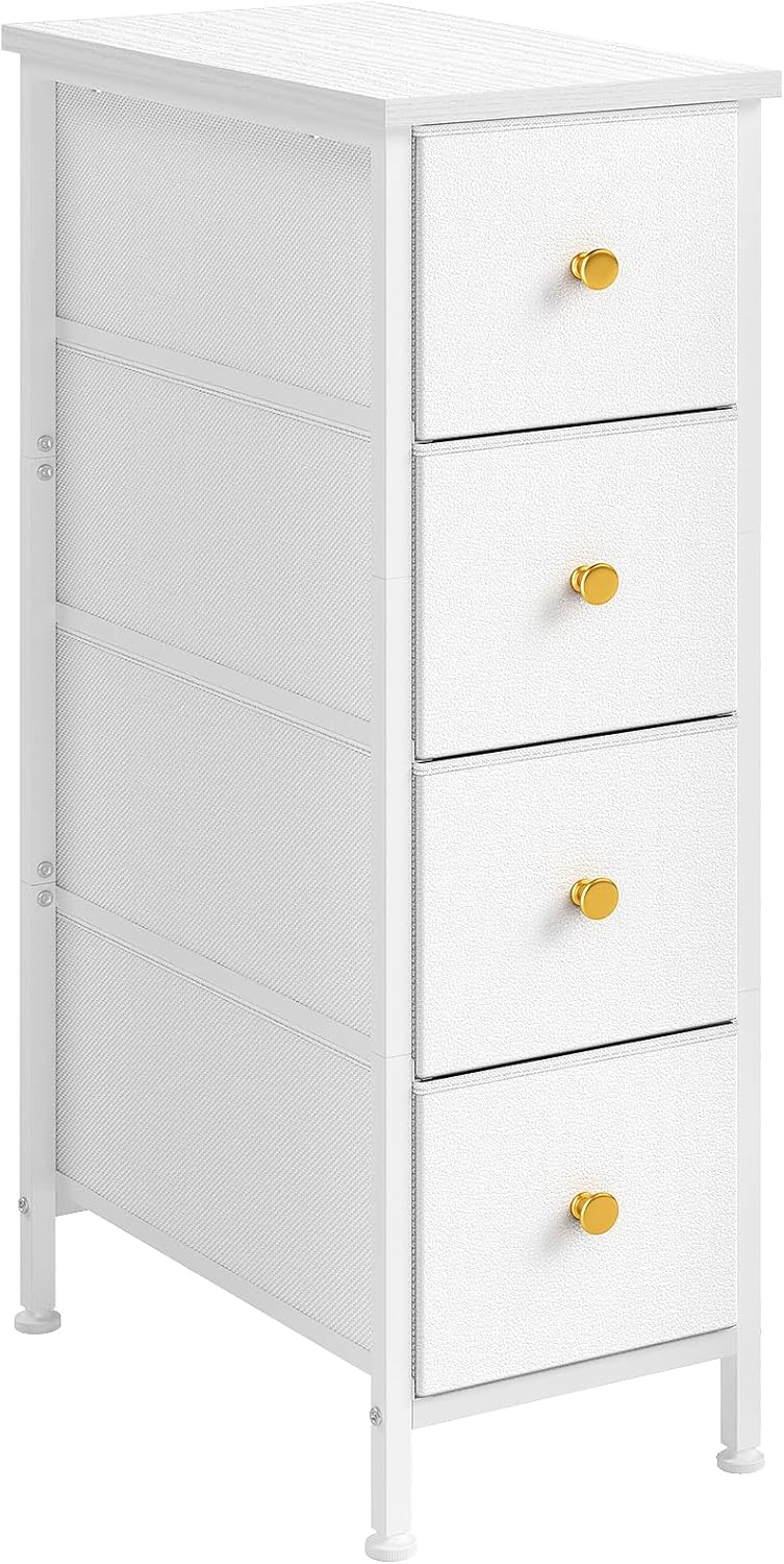 White 4 Drawer Slim Fabric Dresser with Steel Frame and Wood Top D548563
