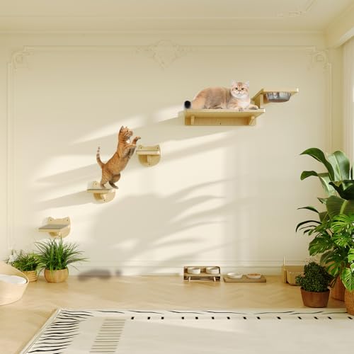 Cat Wall Shelves with 3 Steps and 2 Food Bowls D4614