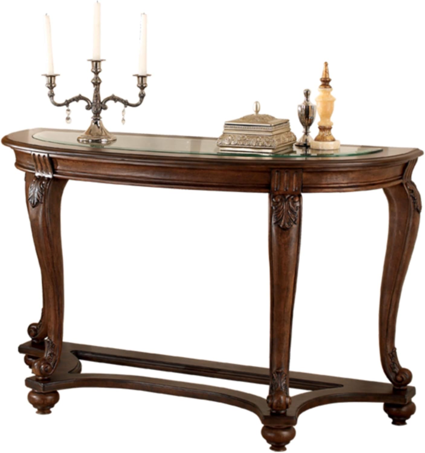 Dark Brown Half Moon Sofa Table with Beveled Glass Top O60002