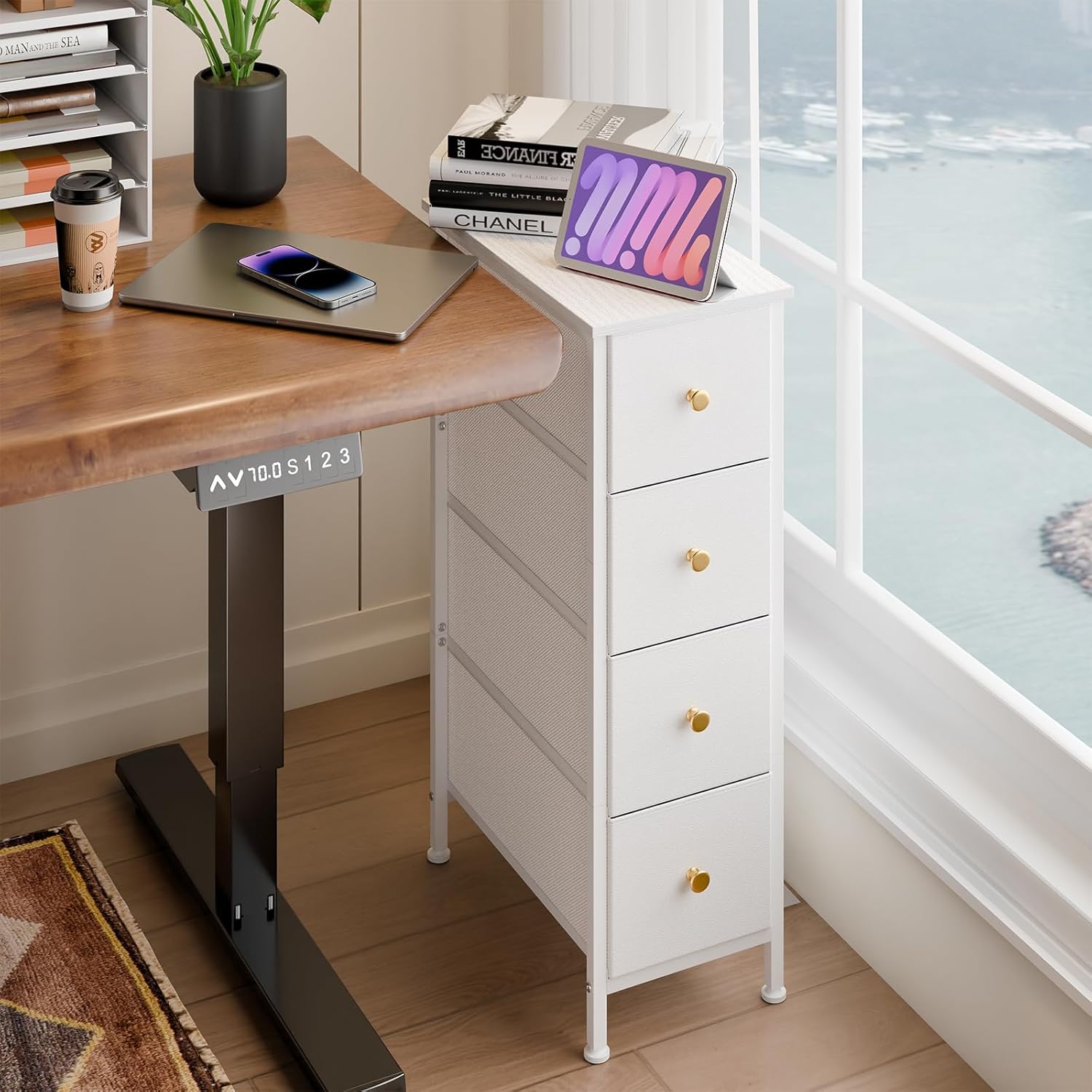 White 4 Drawer Slim Fabric Dresser with Steel Frame and Wood Top D548563