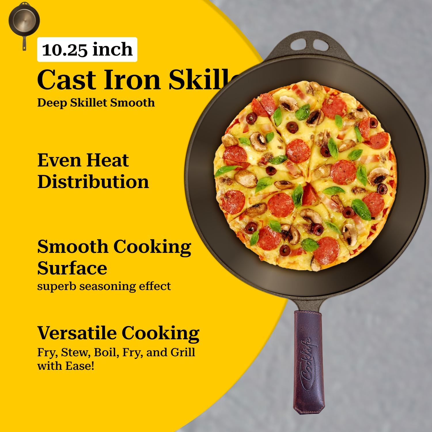 10.25 Inch Smooth Pre-Seasoned Round Cast Iron Skillet with Handle Cover Q974