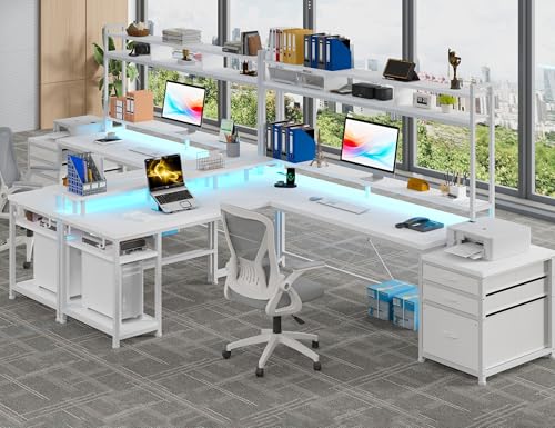 White 64" L Shaped Gaming Desk with Hutch, Drawers, Storage Shelves, Monitor Stand and LED Light G531568