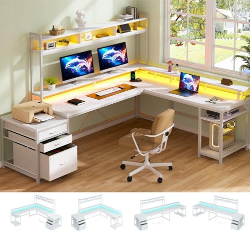 White 64" L Shaped Gaming Desk with Hutch, Drawers, Storage Shelves, Monitor Stand and LED Light G531568