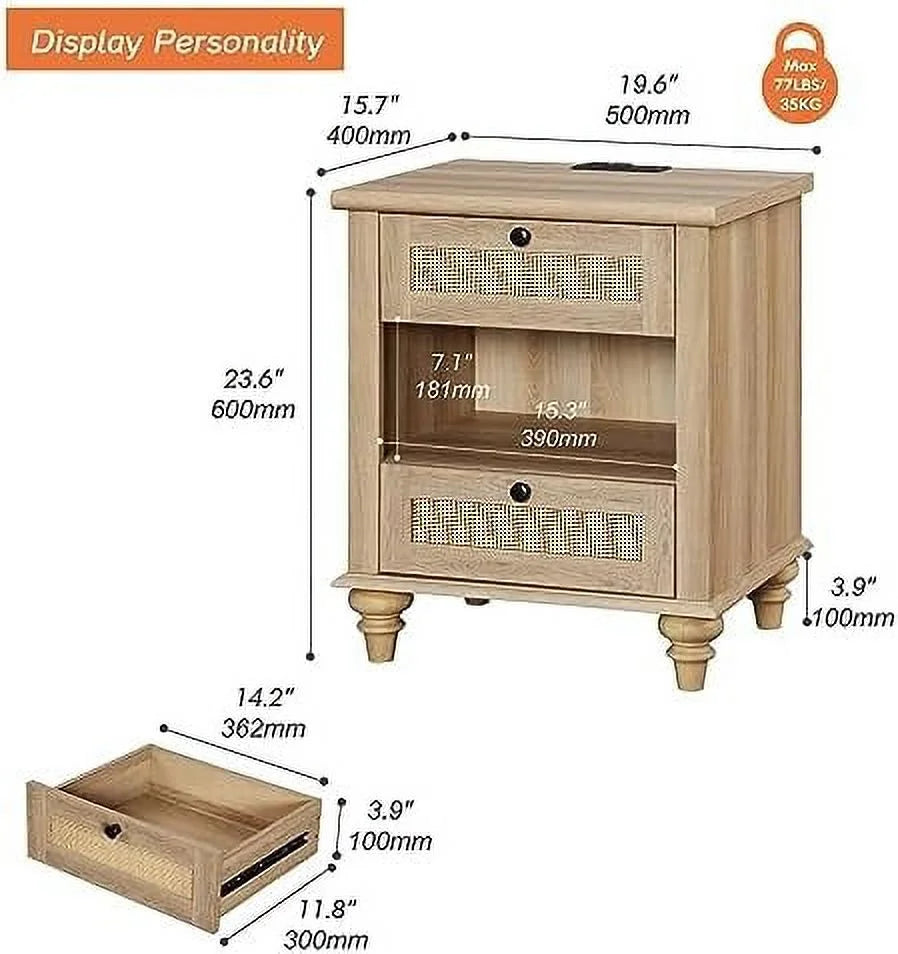 Natural Wood Rattan Nightstand with 2 Drawers R62860