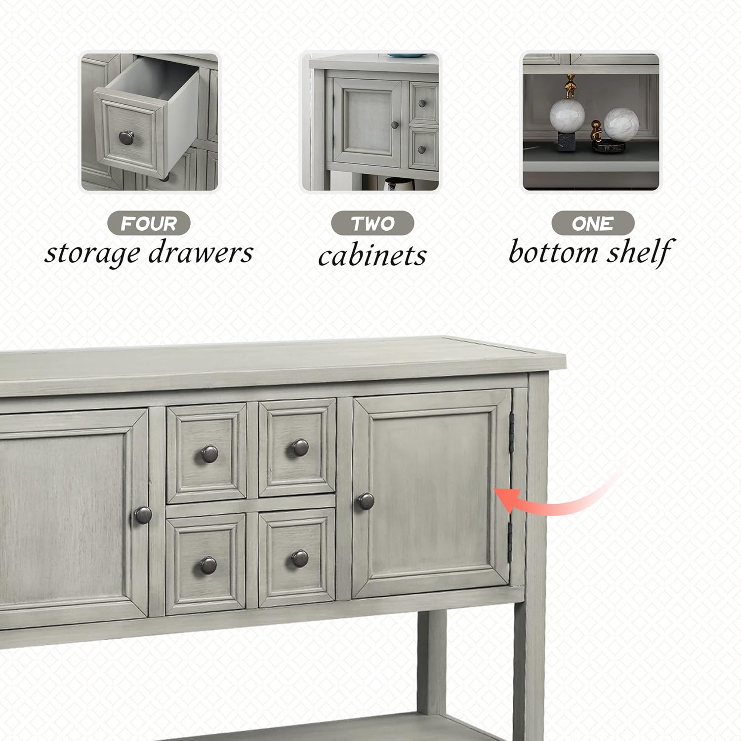 Antique Gray Solid Wood Console Table with 4 Drawers and Bottom Shelf E543