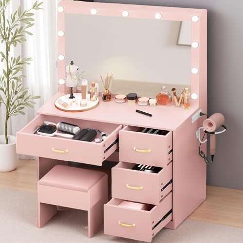 White Vanity Desk with LED Mirror and 4 Drawers T668
