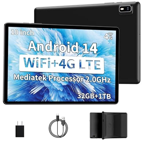 10 inch Android 14 Tablet with 4G LTE Cellular, 10GB+32GB, Protective Case, GPS, 2.0GHz Processor, 8MP Camera, 1TB TF Expandable O6608