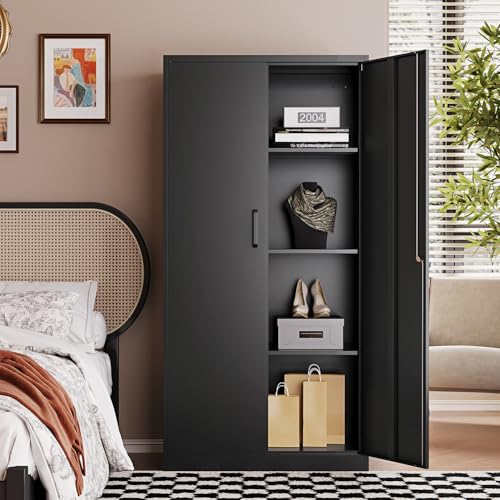 Metal Black Storage Cabinet with Adjustable Shelves and Lock Door V4318