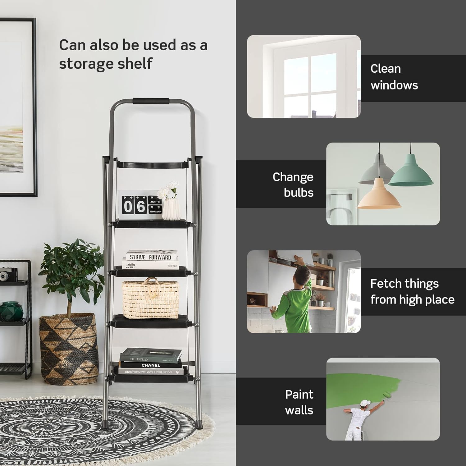 4 Step Folding Ladder with Handrail, Black S3260